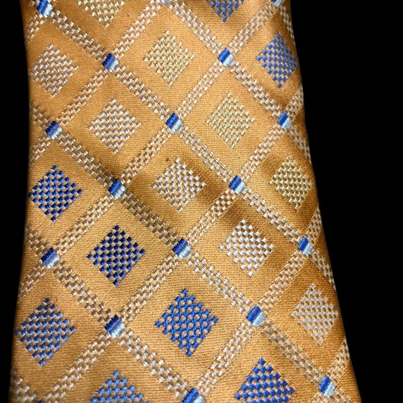 Michael by Michael Kors Orange Metallic Colored Silk Tie w/Blue &Cream Squares - Picture 3 of 6